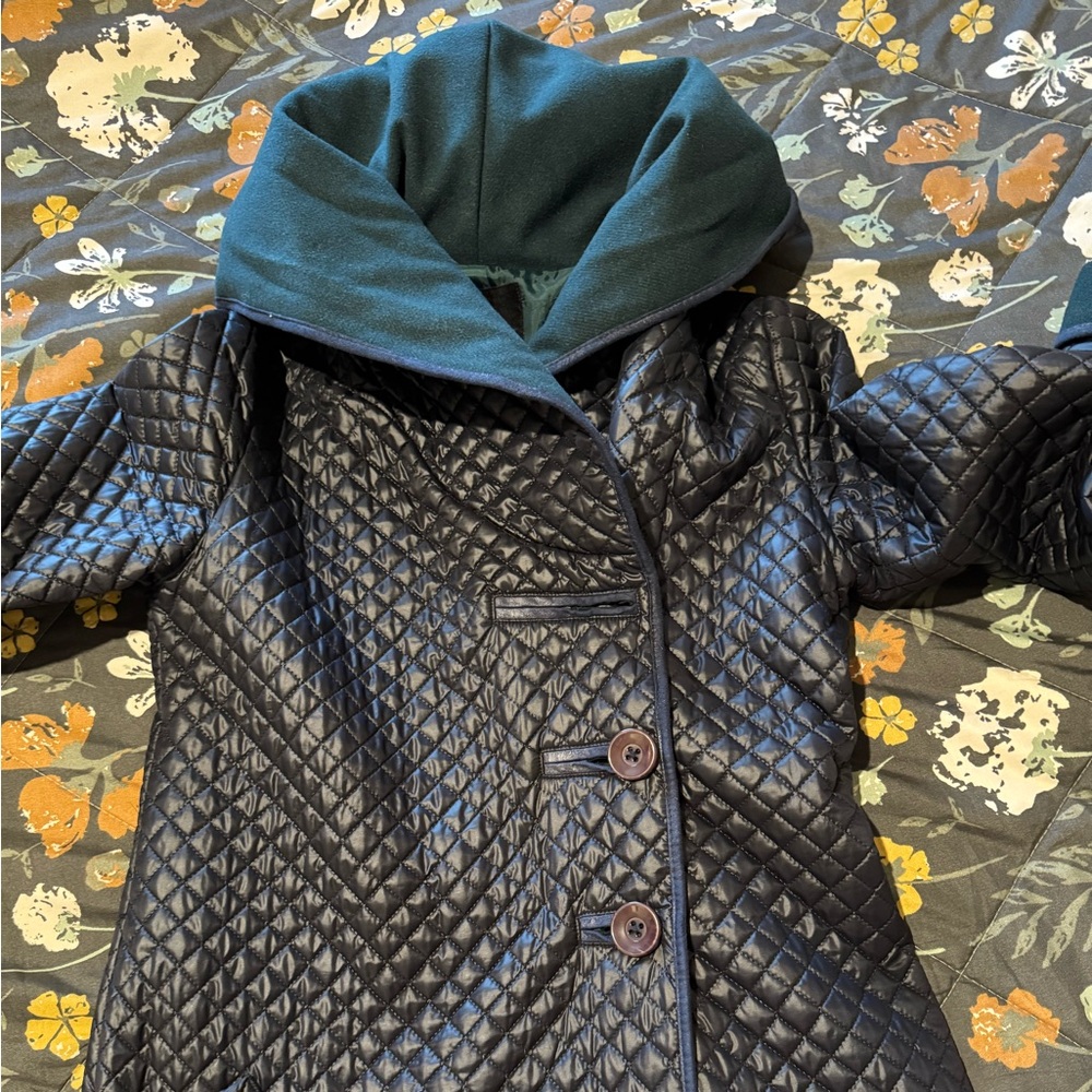 Quilted Black Jacket with Green Hood